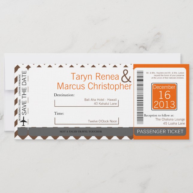 Boarding Pass Linen Wedding Einladung Brown Chevr (Vorderseite)