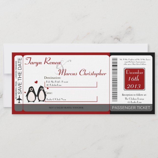 Boarding Pass Linen Wedding Einladung Penguin Lov (Vorderseite)