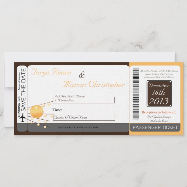 Boarding Pass Linen Wedding Invitation Paper Lante Einladung (Vorderseite)