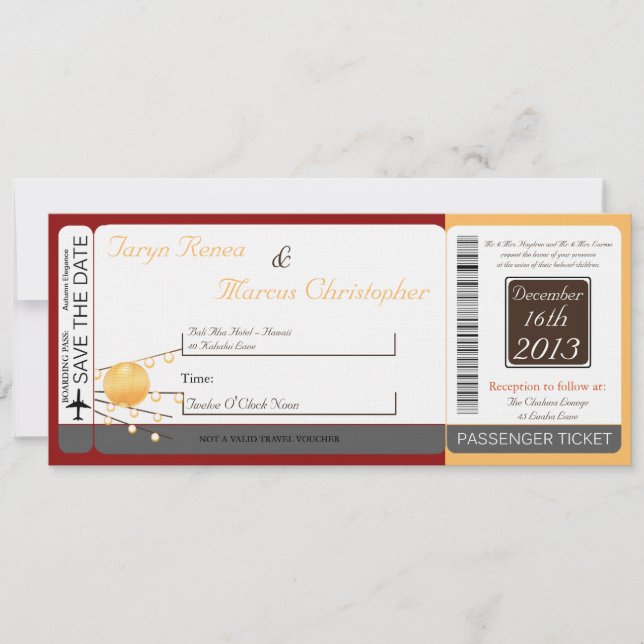 Boarding Pass Linen Wedding Paper Lante Einladung (Vorderseite)