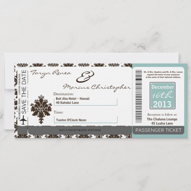 Boarding Pass Linen Weditation Brown Tiffa Einladung (Vorderseite)