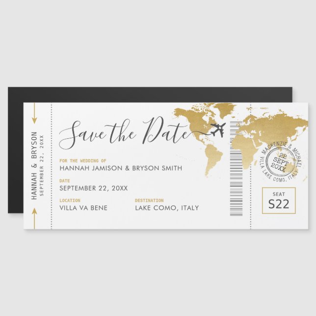 Boarding Pass Magnet Save the Date Goldkarte (Vorne/Hinten)