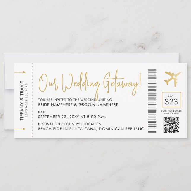 Boarding-Pass mit QR-Code-Hochzeit in Urlaubsort Einladung (Vorderseite)