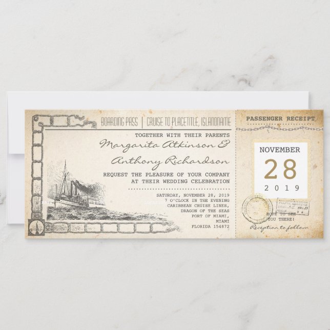 Boarding Pass nautische Vintage Hochzeit Einladung (Vorderseite)
