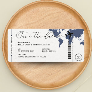 Boarding Pass Navy Blue Map Reise Save the Date