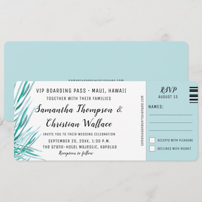 Boarding Pass Palm Tropische Hochzeit in Urlaubsor Einladung (Vorne/Hinten)