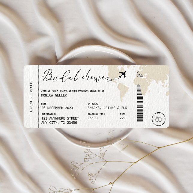 Boarding Pass Reisen Brautparty Beige Einladung (Bridal Shower Boarding Pass Beige, Modern Invitation)