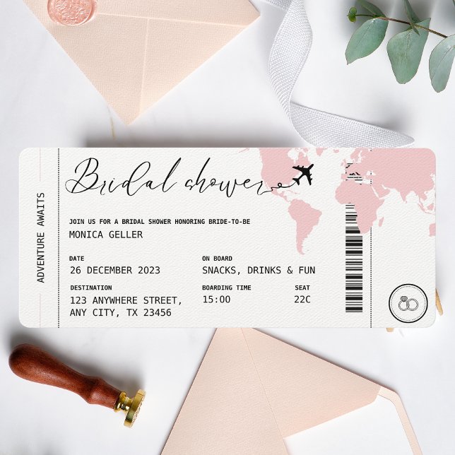 Boarding Pass Reisen Brautparty Rosa Einladung (Bridal Shower Boarding Pass Blush Pink Travel Themed Invitation)