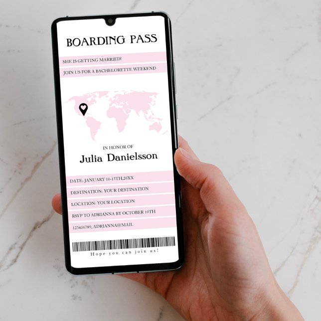 Boarding Pass Rosa Bachelorette Wochenende Einladung (destination bachelorette weekend boarding pass invitation world map pink unique )