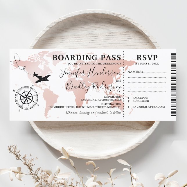 Boarding Pass Rose Gold Wedding Weltkarte Einladun Einladung (Von Creator hochgeladen)