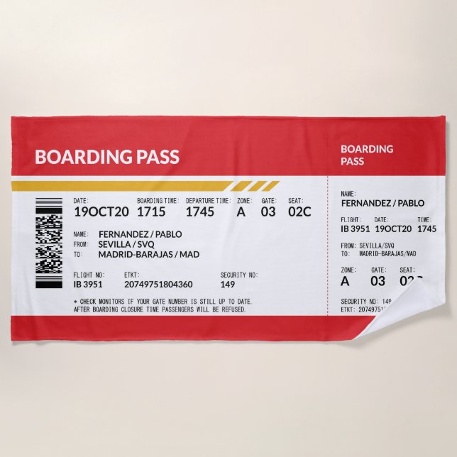 Boarding Pass - Rot Strandtuch (Vorderseite)