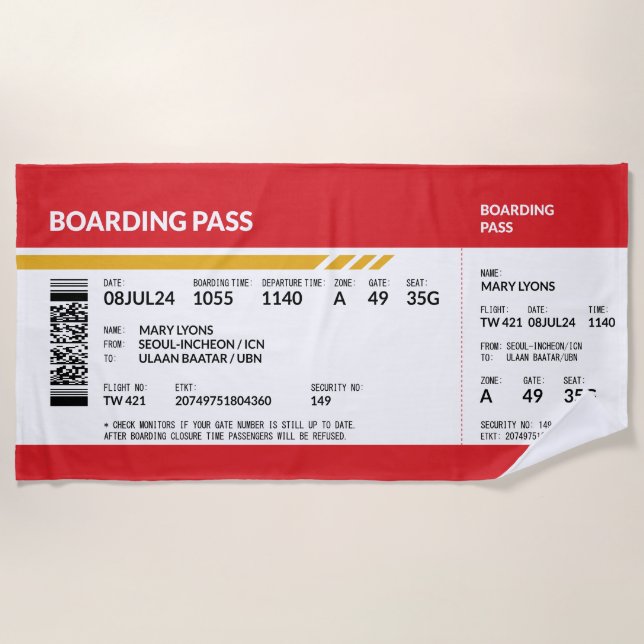 Boarding Pass - Rot Strandtuch (Vorderseite)