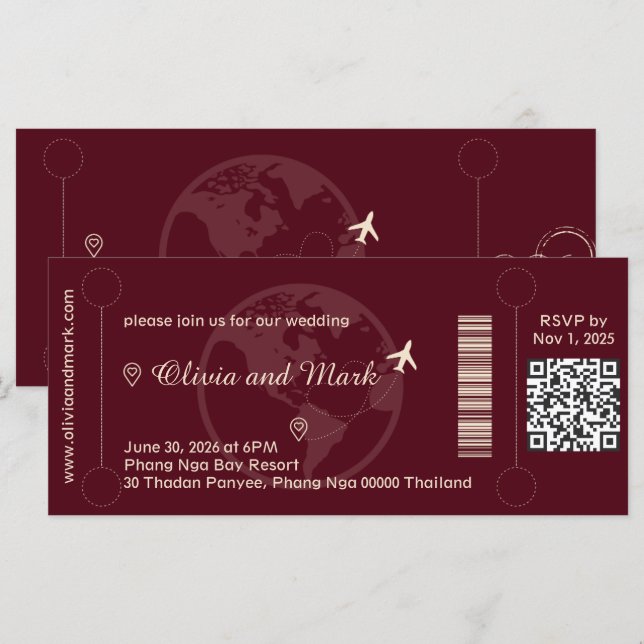 Boarding Pass RSVP Card - Burgund & Champagne (Vorne/Hinten)