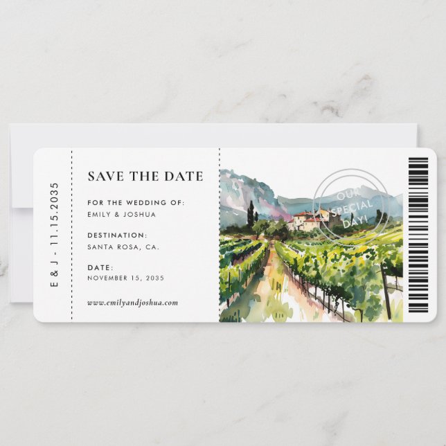 Boarding Pass Rustikale Weinkellerei Landschaft Ho Save The Date (Vorderseite)