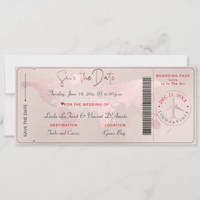 Boarding Pass Save the Date, Blush World Map Einladung (Vorderseite)