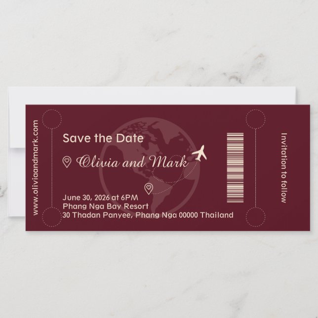 Boarding Pass Save the Date - Burgund & Champagne (Vorderseite)