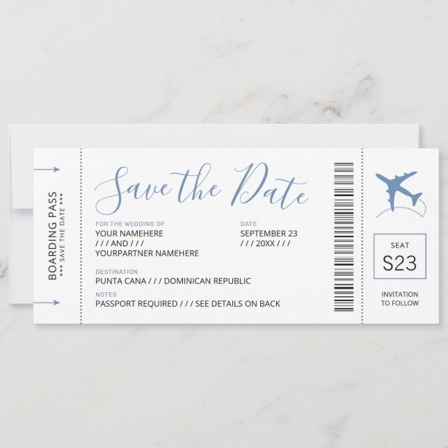 Boarding Pass Save the Date Einladung Blaues Flugz (Vorderseite)