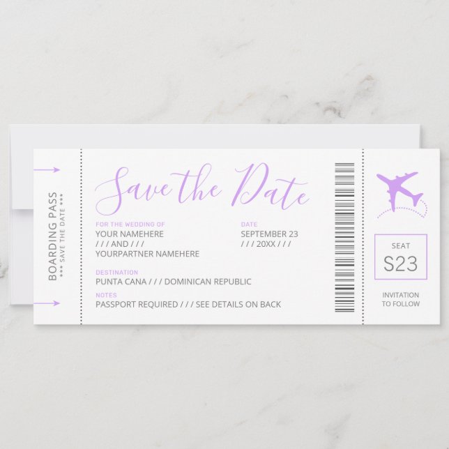 Boarding Pass Save the Date Einladung Lilac Flugze (Vorderseite)