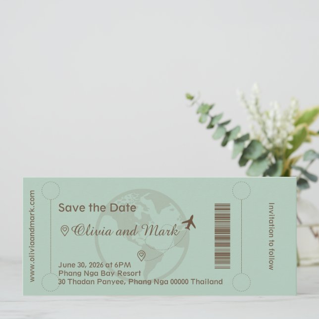 Boarding Pass Save the Date - Sage & Beige Einladung (Stehend Vorderseite)
