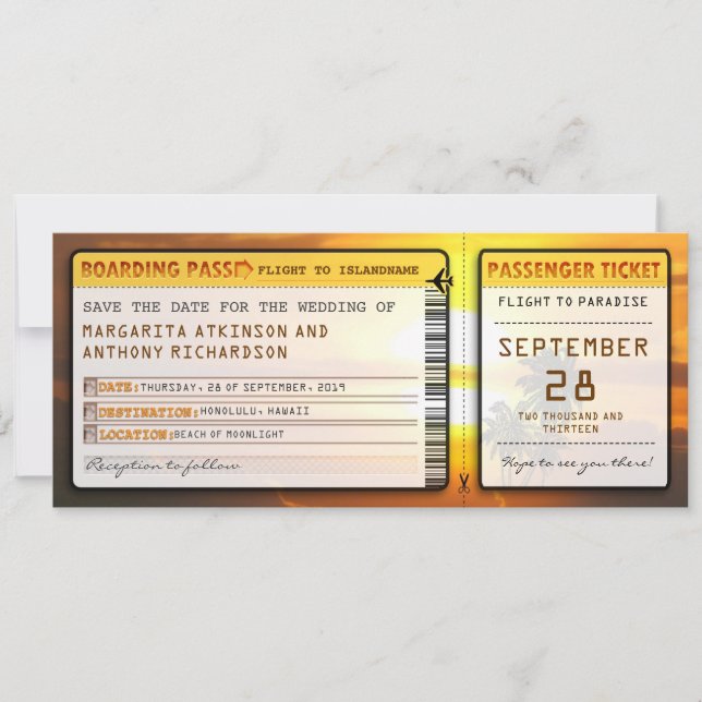 Boarding Pass Save the Date Tickets bei Sonnenunte (Vorderseite)