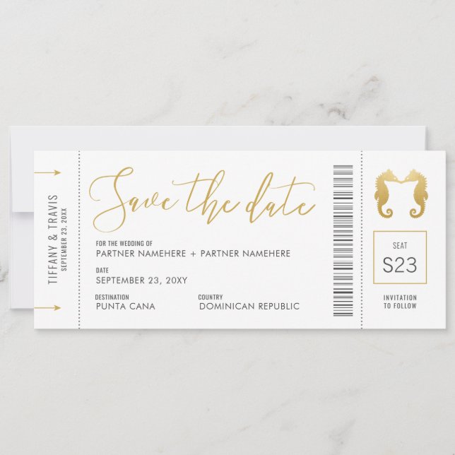 Boarding Pass Seepferde Küssen Ticket Beach Save The Date (Vorderseite)