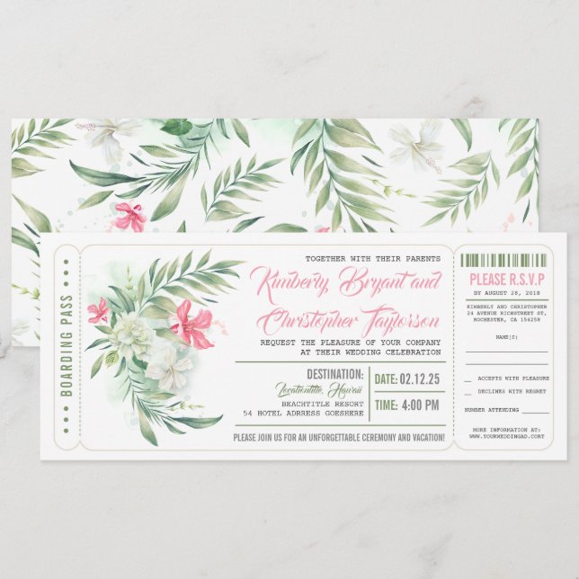 Boarding Pass | Strand von Floral | Hochzeitsticke Einladung (Vorne/Hinten)