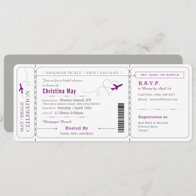 Boarding Pass Ticket Bridal Dusche Einladung (Vorne/Hinten)