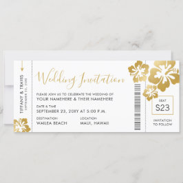 Boarding Pass Ticket Gold Hibiscus Hawaii Wedding Einladung