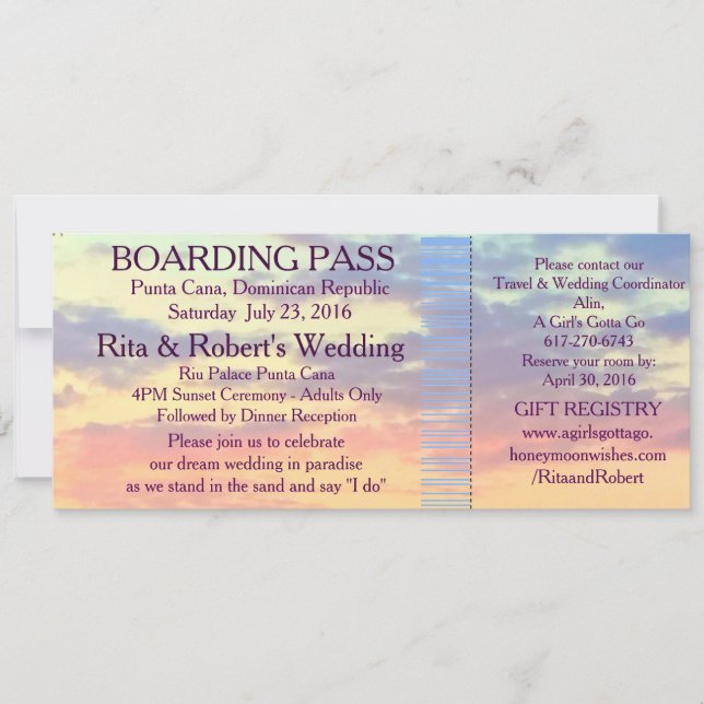 Boarding Pass Ticket | Hochzeit in Urlaubsort Einladung (Vorderseite)