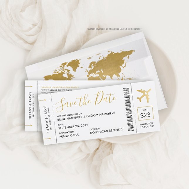 Boarding Pass Ticket Save the Date Gold Flugzeug C Ankündigung (Von Creator hochgeladen)