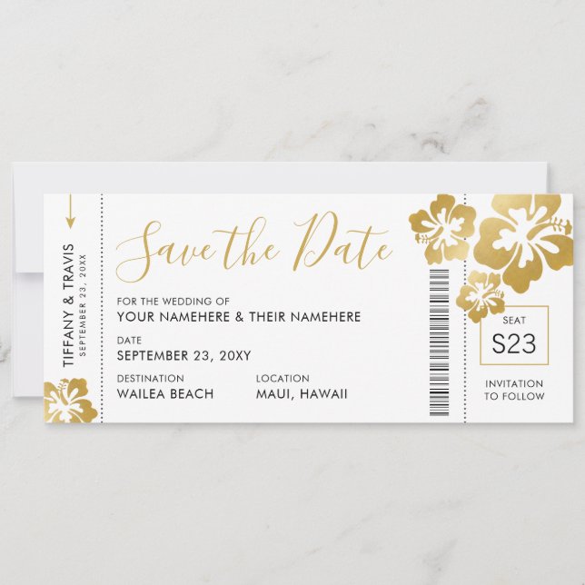 Boarding Pass Ticket Save the Date Gold Hibiskus Ankündigung (Vorderseite)