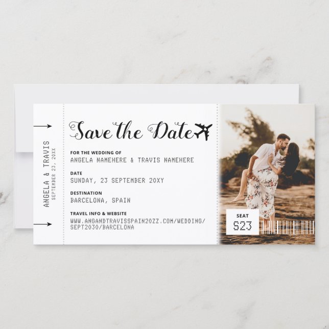 Boarding Pass Ticket Zielort Save the Date (Vorderseite)