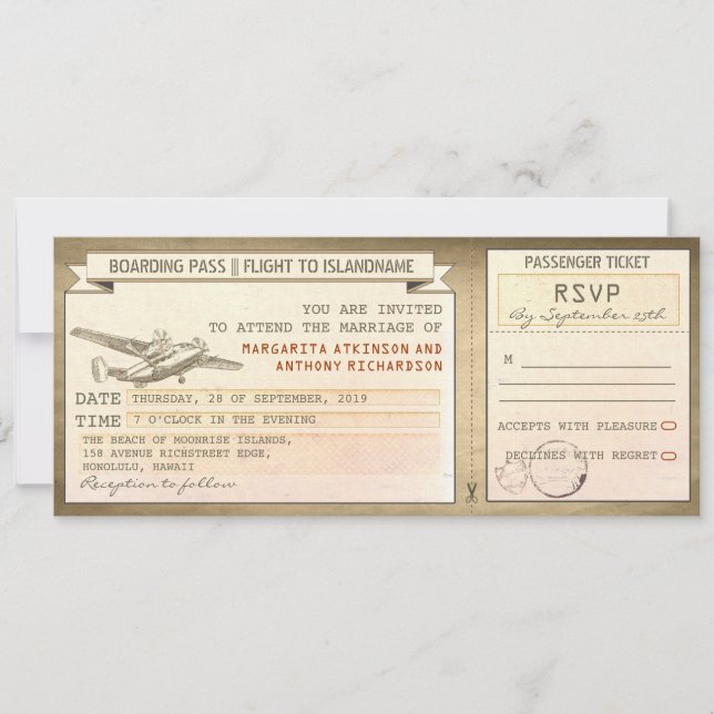 Boarding Pass Tickets - Vintage Hochzeit Einladung (Vorderseite)
