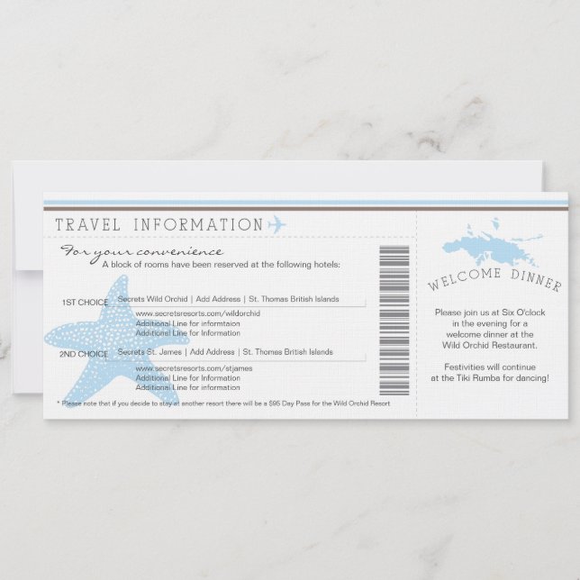 Boarding Pass to St Thomas Wedding Travel Info Einladung (Vorderseite)