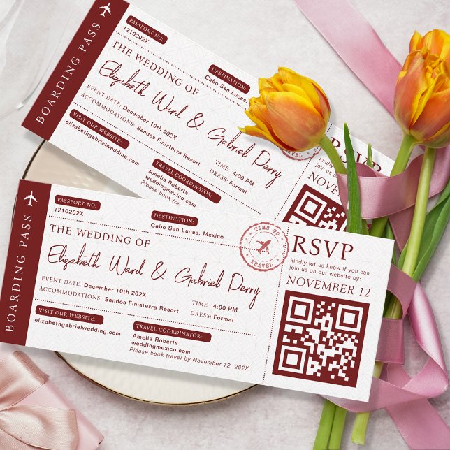 Boarding Pass Travel Burgundy Wedding Einladung (Von Creator hochgeladen)