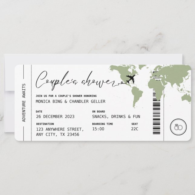 Boarding Pass Travel Couple's Shower Sage Green Einladung (Vorderseite)