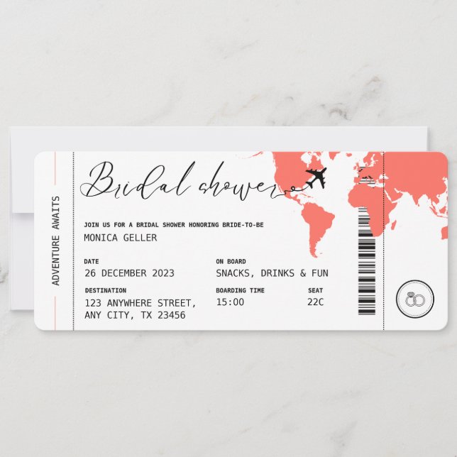 Boarding Pass Travel Themed Coral Brautparty Einladung (Vorderseite)