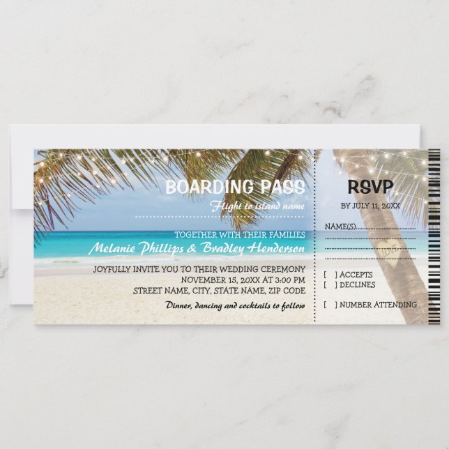 Boarding Pass Tropical Beach Hochzeit Einladung (Vorderseite)