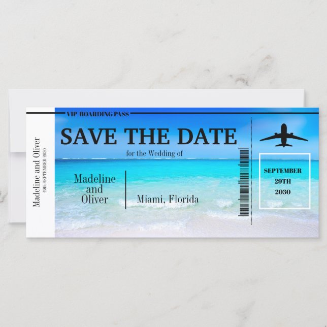 Boarding Pass Tropical Beach Hochzeit Save the Dat (Vorderseite)