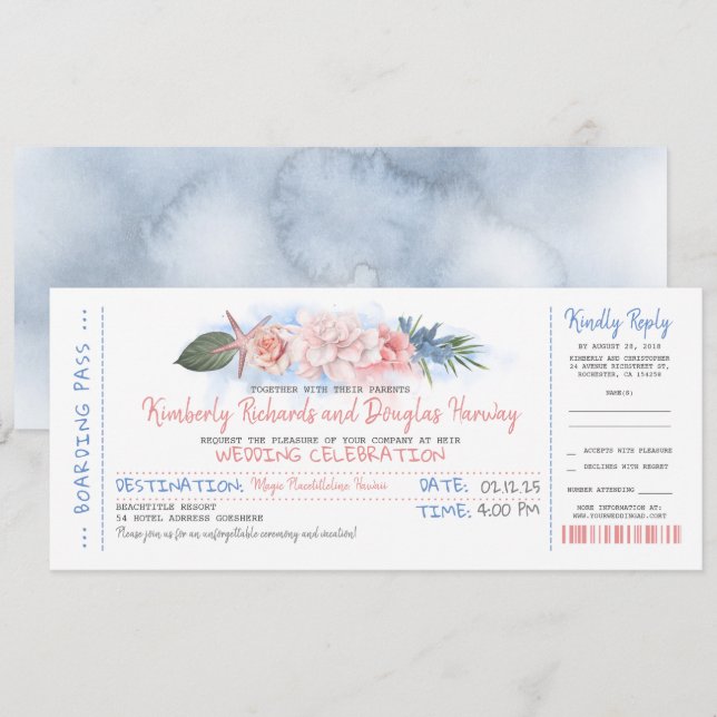 Boarding Pass | Tropischer Strand | Hochzeitsticke Einladung (Vorne/Hinten)