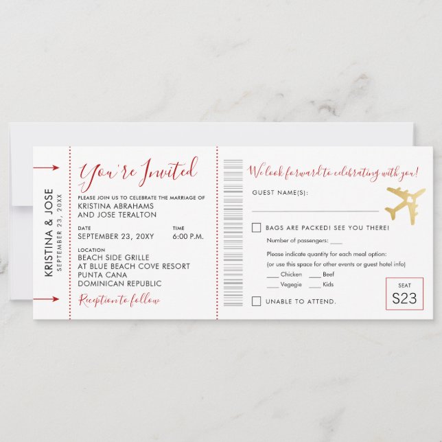 Boarding Pass Wedding All-In-One Einladung (Vorderseite)