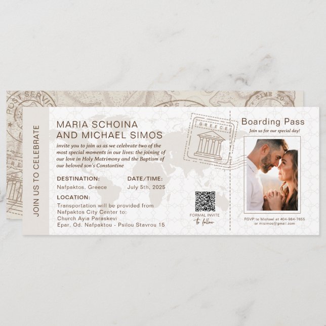 Boarding Pass Wedding & Baptisse Griechenland Neu Einladung (Vorne/Hinten)