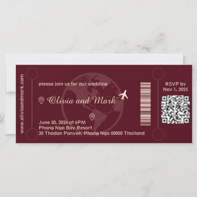 Boarding Pass Wedding Einladung - Burgund & Cham (Vorderseite)