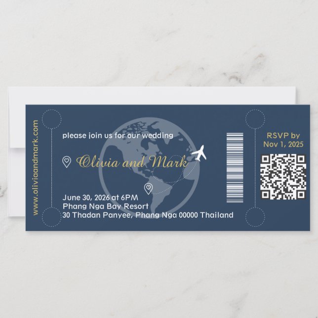 Boarding Pass Wedding Einladung - Navy & Gold (Vorderseite)