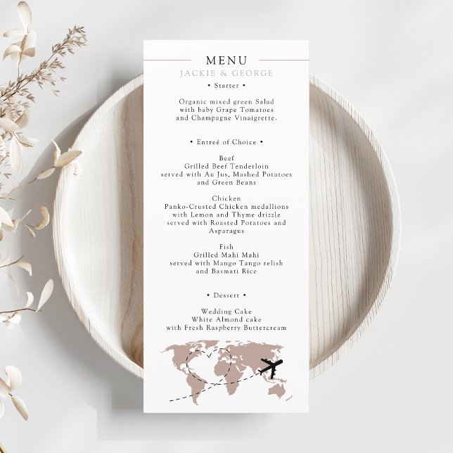 Boarding passieren Beige neutrale Hochzeit in Urla Menükarte (World Map Travel Destination Wedding Menu Boarding Pass Passport Beige Neutral Minimalist)