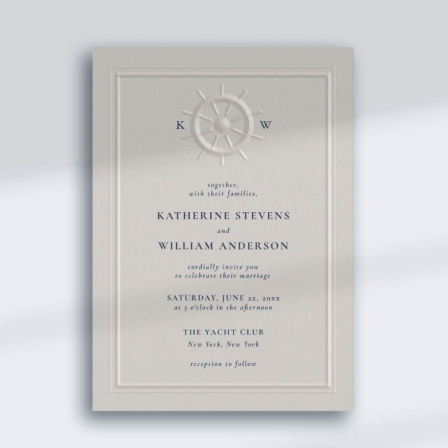 Boat Helm Imitate mit klassischem Rahmen Chic Wedd Einladung (nautical beach yacht coastal ocean wedding invitation faux embossed boat helm pearl classic frame)