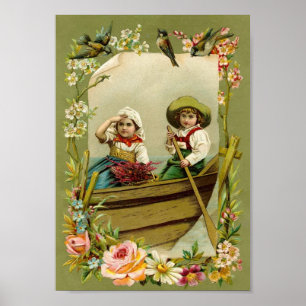 Boat Kids Blume Vögel Vintage Kunst Print Poster