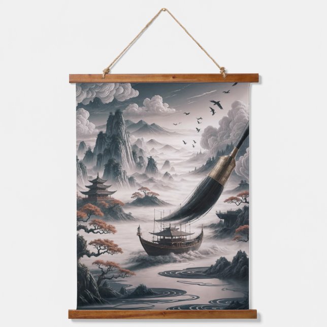  Boat landscape ocean view poetic  art Wandteppich Mit Holzrahmen (Vorderseite)