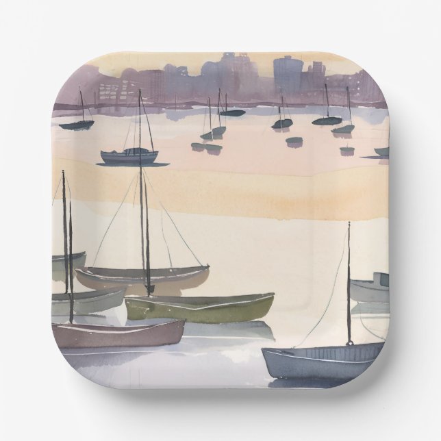 Boat Marina | Watercolor Ocean Bay Pappteller (Vorderseite)