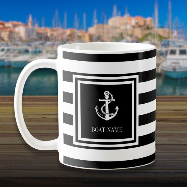 Boat Name Black And White Stripe Anchor Kaffeetasse (Boat Name Black And White Stripe Anchor Coffee Mug)